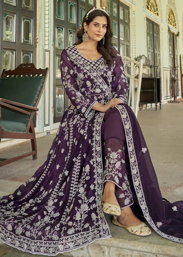 Purple Embroidered Pant Style Anarkali