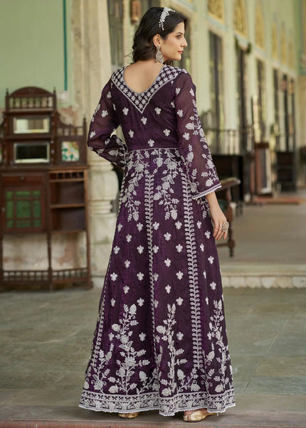 Purple Embroidered Pant Style Anarkali