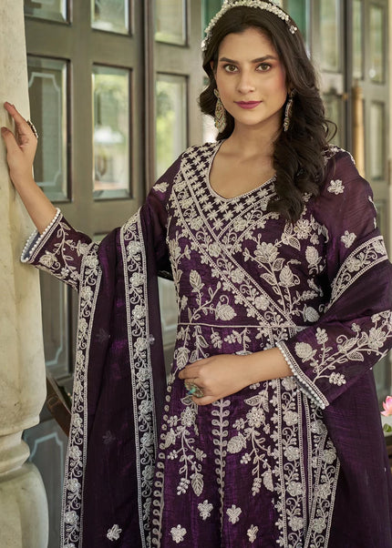 Purple Embroidered Pant Style Anarkali