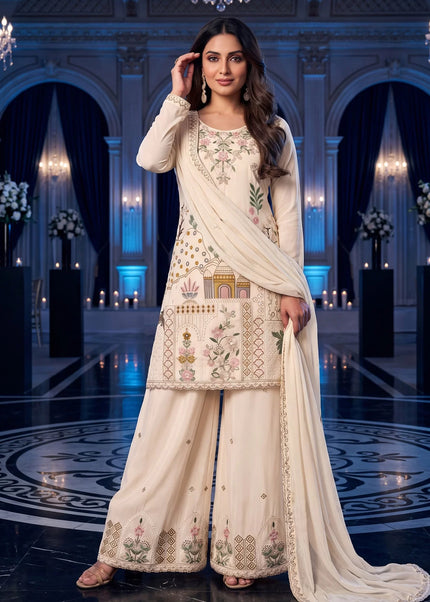 Cream Embroidered Sharara Suit