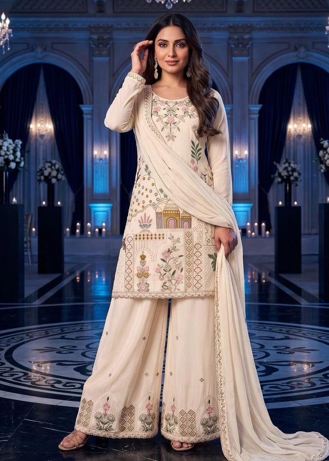 Cream Embroidered Sharara Suit