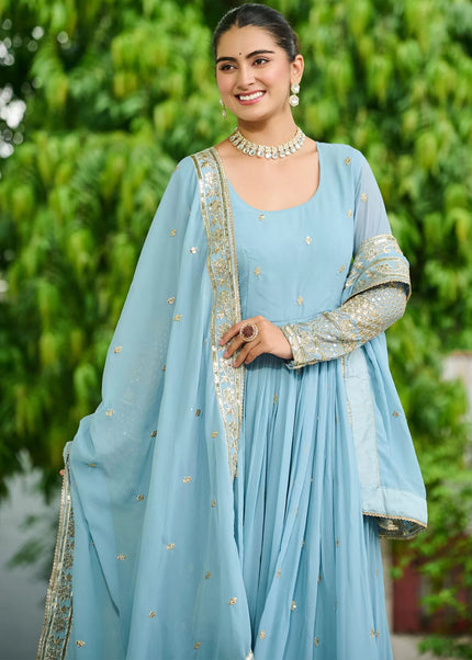 Sky Blue Embroidered Anarkali Gown