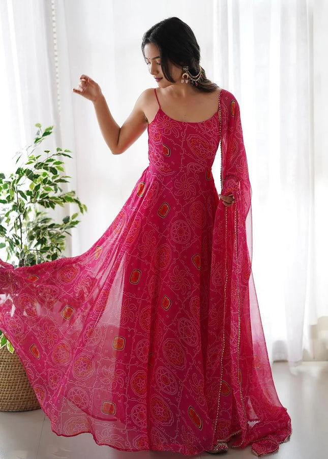 Pink Bandhej Anarkali Gown