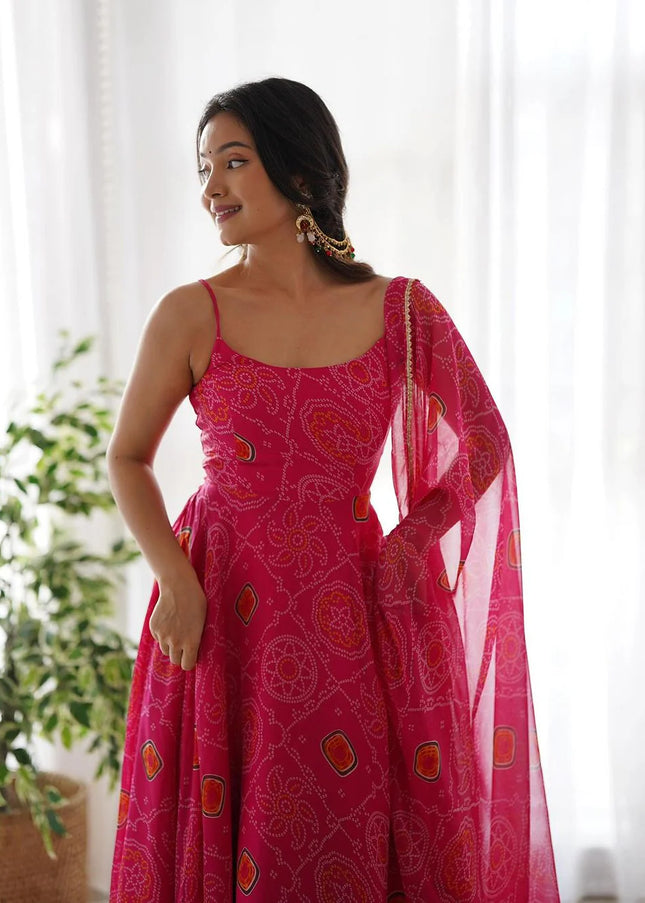 Pink Bandhej Anarkali Gown