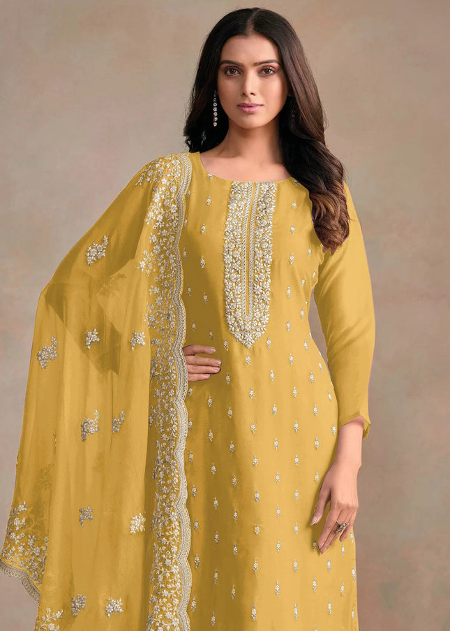 Mustard Yellow Embroidered Pant Style Suit