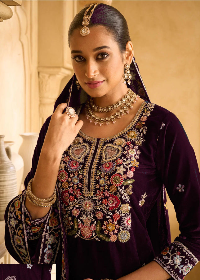 Purple Embroidered Palazzo Suit