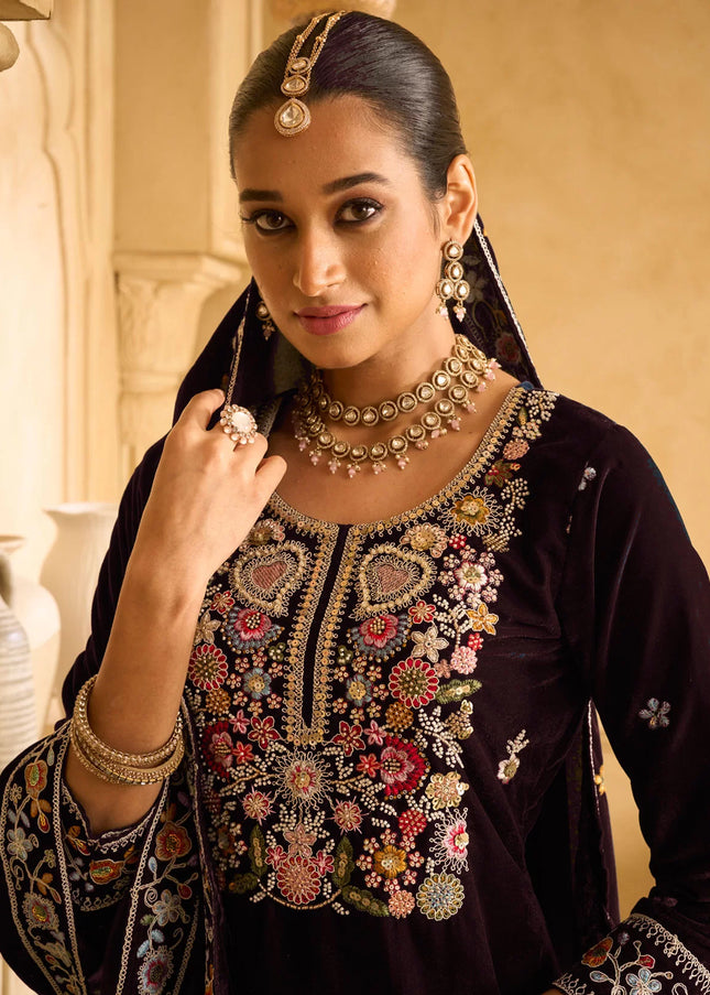 Maroon Embroidered Palazzo Suit