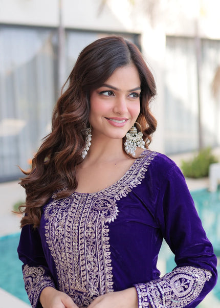 Purple Embroidered Pant Style Suit