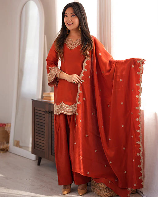 Rust Orange Embroidered Salwar Suit