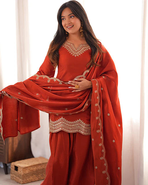 Rust Orange Embroidered Salwar Suit