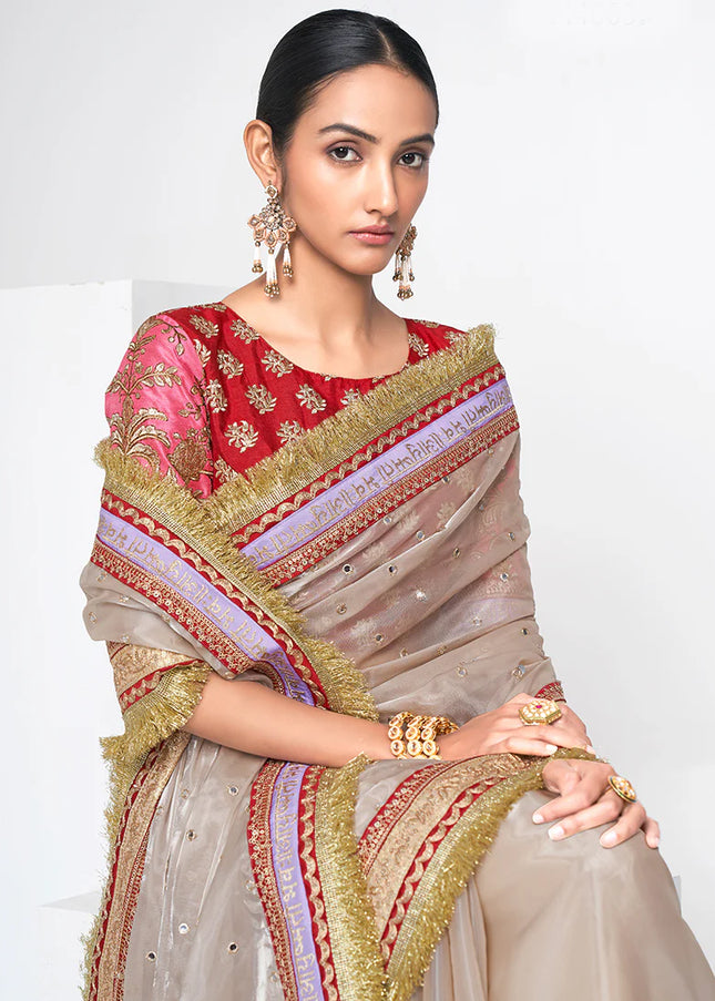Golden Beige and Red Embroidered Saree