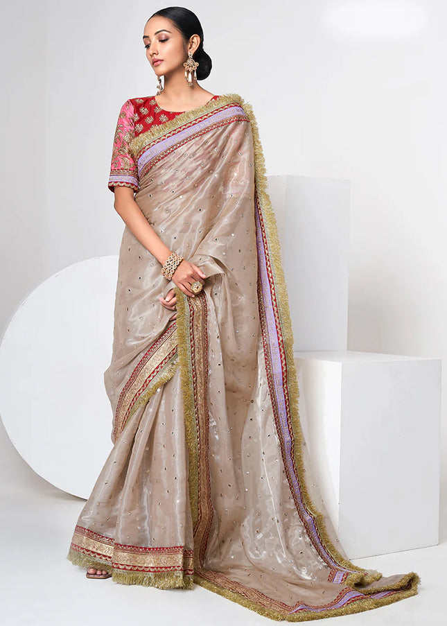 Golden Beige and Red Embroidered Saree