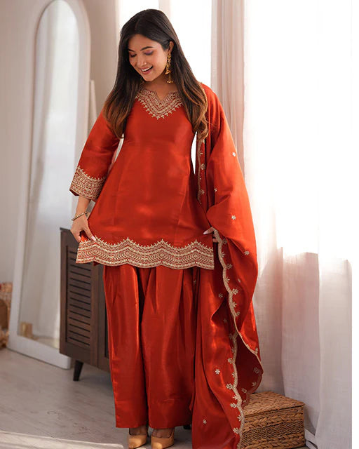 Rust Orange Embroidered Salwar Suit
