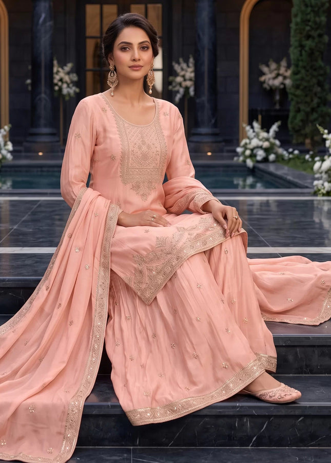 Peach Embroidered Sharara Suit