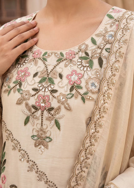 Cream Embroidered Sharara Suit