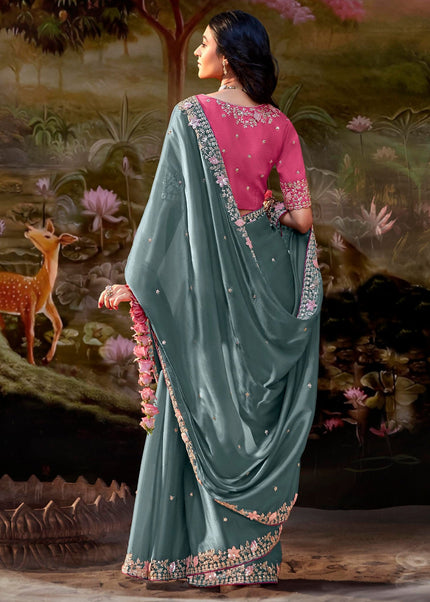 Grey and Pink Embroidered Wedding Saree