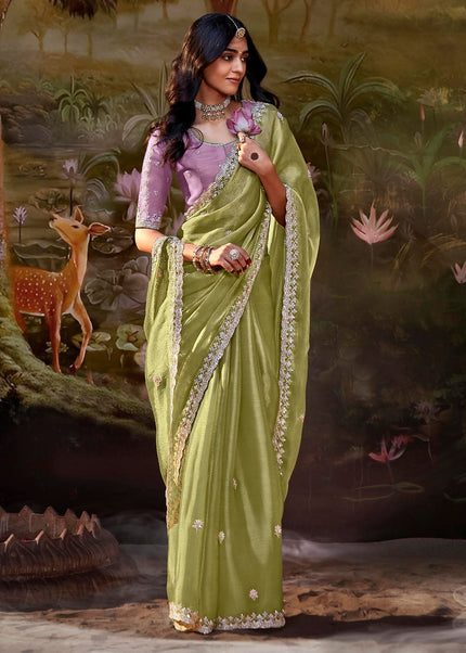 Green and Lavender Embroidered Wedding Saree