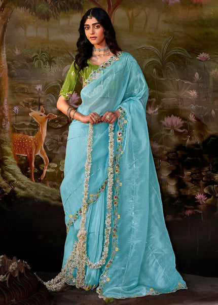 Sky Blue and Green Embroidered Wedding Saree