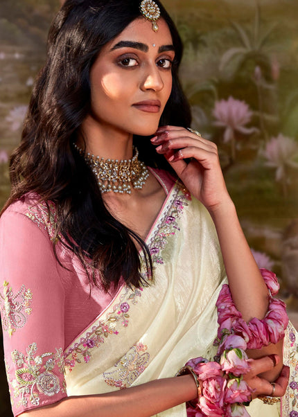 Offwhite and Pink Embroidered Wedding Saree