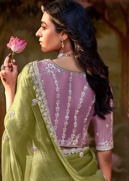 Green and Lavender Embroidered Wedding Saree