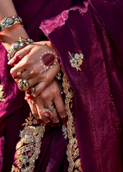 Wine and Mustard Embroidered Wedding Saree