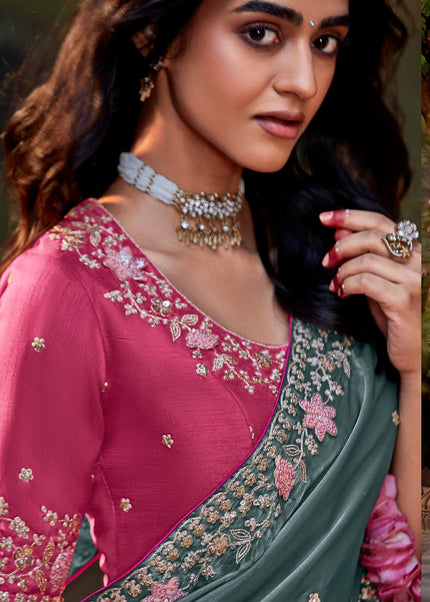 Grey and Pink Embroidered Wedding Saree