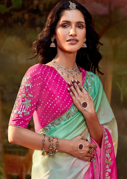 Pink and Sea Green Embroidered Wedding Saree