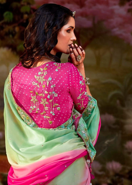 Pink and Sea Green Embroidered Wedding Saree