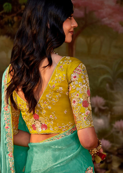 Sea Green and Yellow Embroidered Wedding Saree