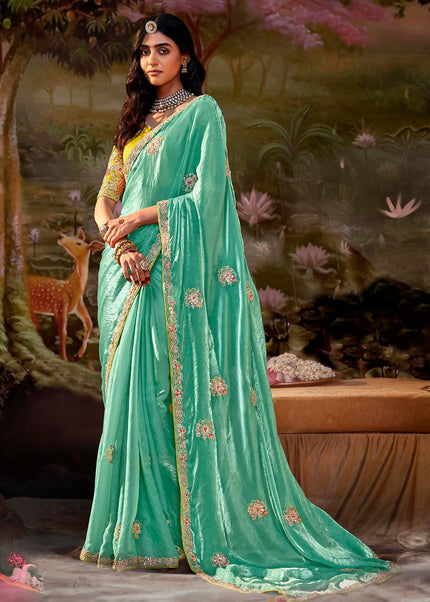 Sea Green and Yellow Embroidered Wedding Saree