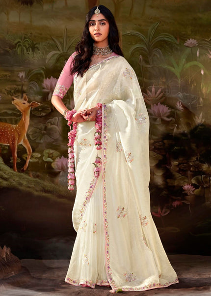 Offwhite and Pink Embroidered Wedding Saree