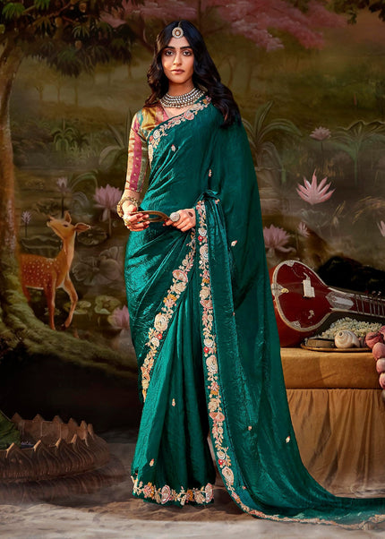 Teal Green and Mustard Embroidered Wedding Saree