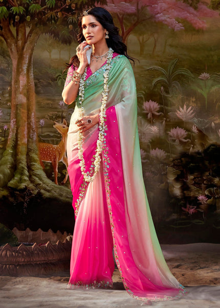 Pink and Sea Green Embroidered Wedding Saree