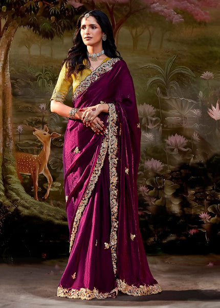 Wine and Mustard Embroidered Wedding Saree