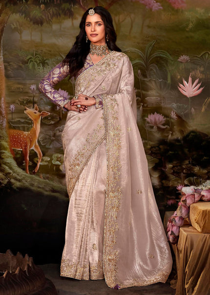 Beige and Purple Embroidered Wedding Saree