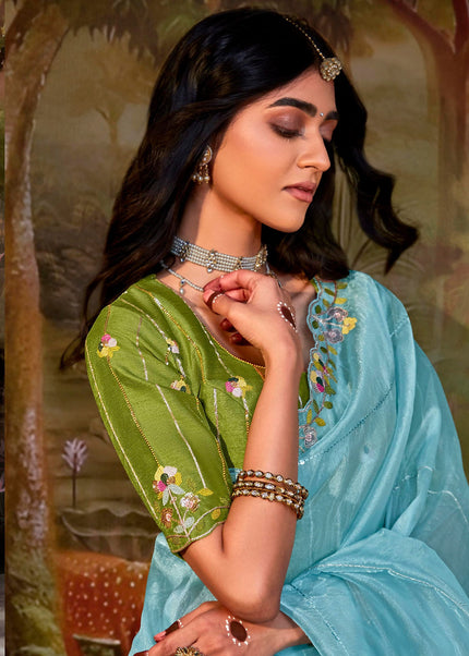 Sky Blue and Green Embroidered Wedding Saree