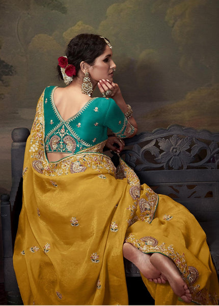 Mustard and Teal Embroidered Wedding Saree