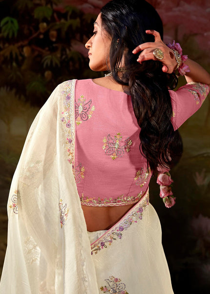 Offwhite and Pink Embroidered Wedding Saree