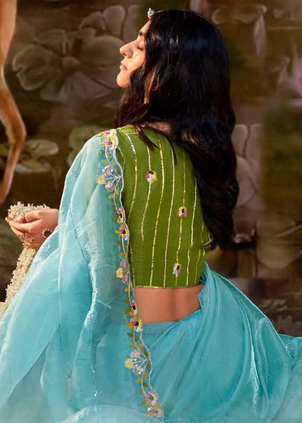 Sky Blue and Green Embroidered Wedding Saree