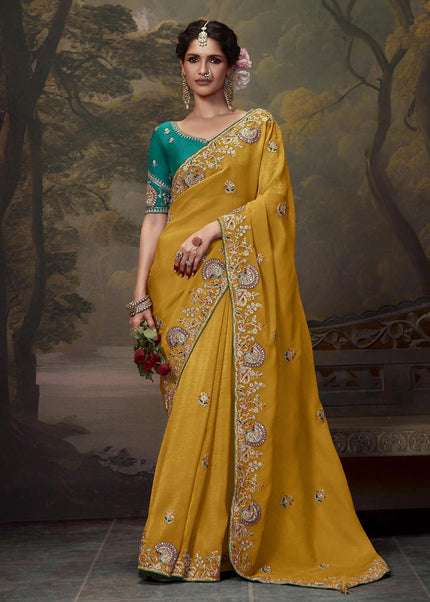 Mustard and Teal Embroidered Wedding Saree