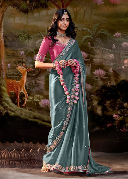 Grey and Pink Embroidered Wedding Saree