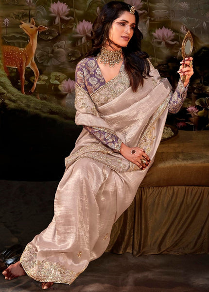 Beige and Purple Embroidered Wedding Saree