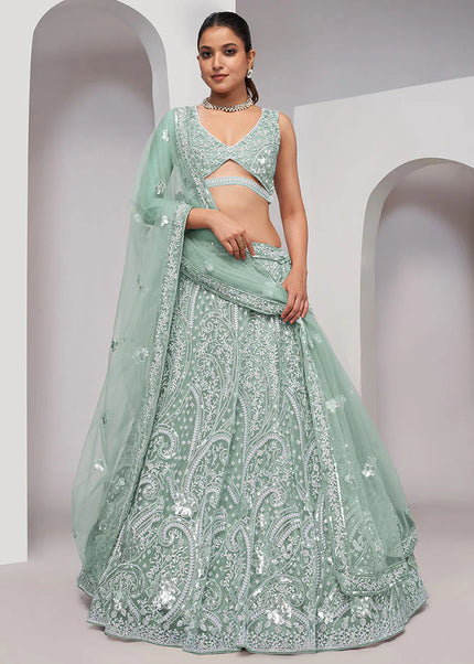 Mint Green Embroidered Wedding Lehenga Choli
