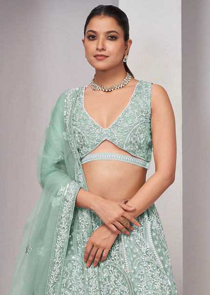Mint Green Embroidered Wedding Lehenga Choli