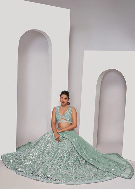 Mint Green Embroidered Wedding Lehenga Choli