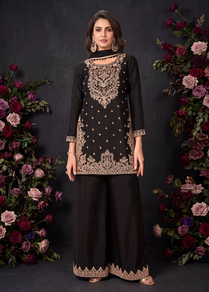 Black Embroidered Palazzo Suit