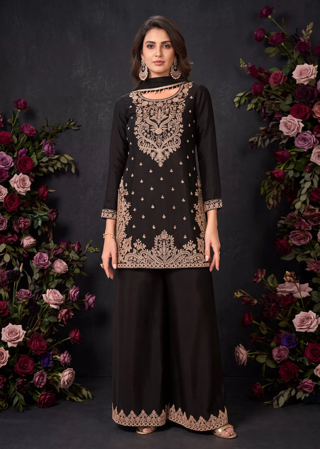 Black Embroidered Palazzo Suit