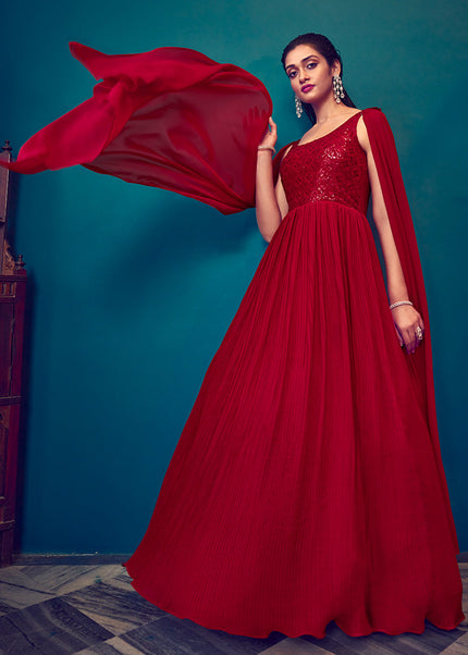 Red Embroidered Anarkali Gown