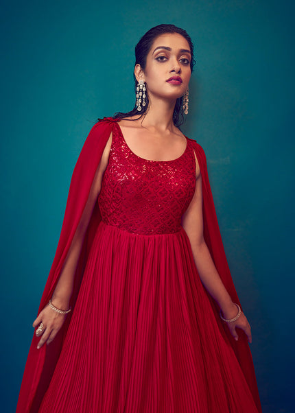 Red Embroidered Anarkali Gown