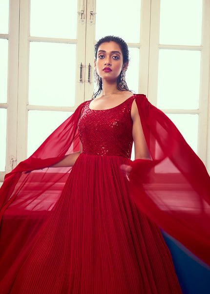 Red Embroidered Anarkali Gown